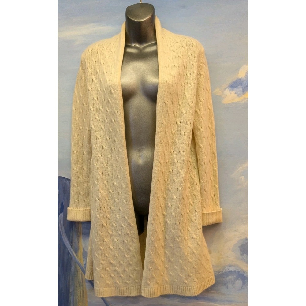 Cortland Park S 100% Cashmere Long Cable Knit Cardigan Ivory